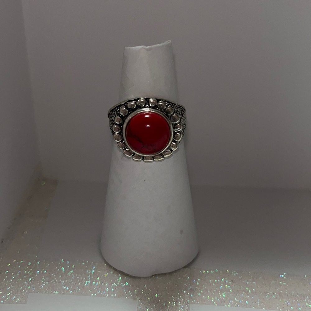 Red jasper stone in silver toned Bohemian style ring. Size 8 Brand new